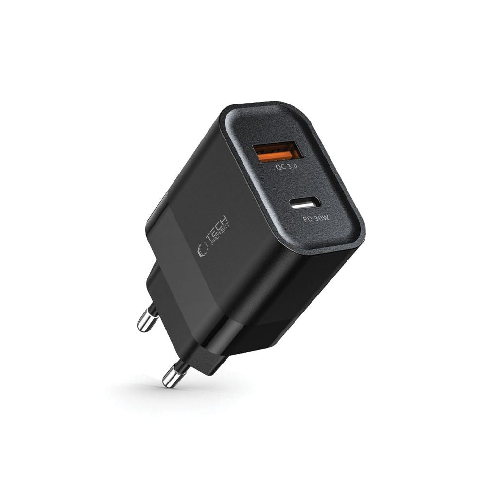Tech-Protect C30W įkroviklis USB-C PD 30W / USB-A QC 3.0 - juodas