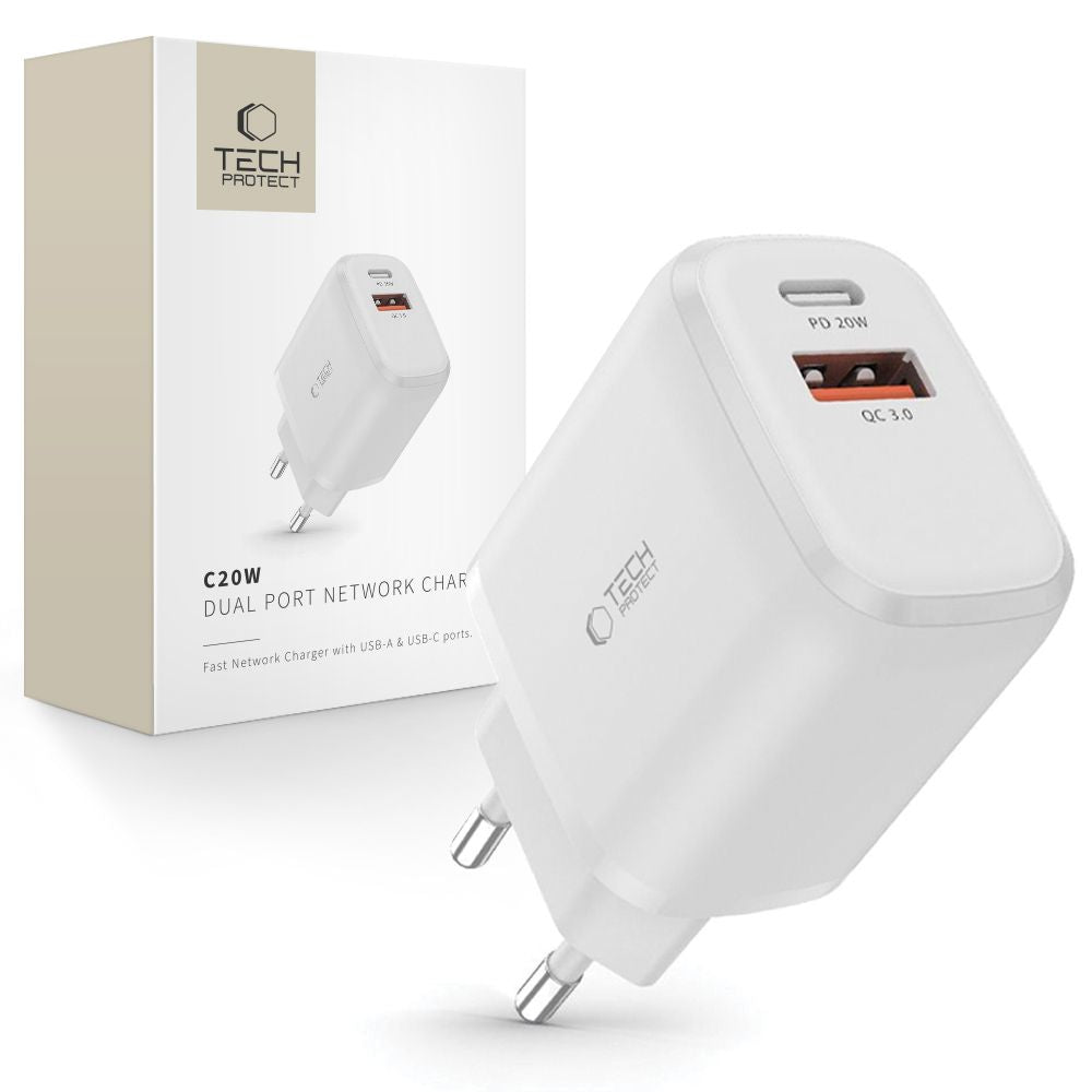 Tech-Protect C20W įkroviklis USB-C PD 20W / USB-A QC 3.0 - baltas