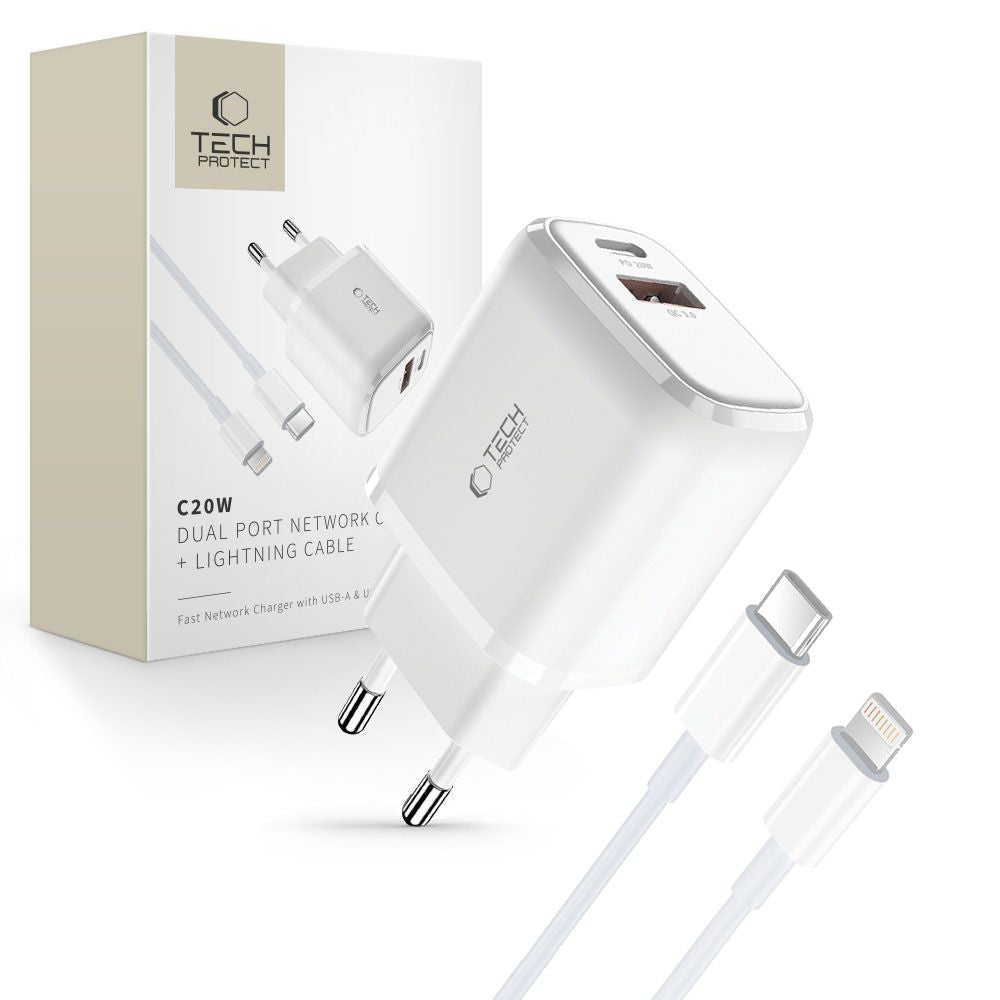 Tech-Protect Įkroviklis C20W USB-C PD 20W / USB-A QC 3.0 su USB-C / Lightning laidu - baltas