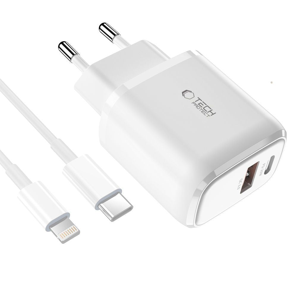 Tech-Protect Įkroviklis C20W USB-C PD 20W / USB-A QC 3.0 su USB-C / Lightning laidu - baltas