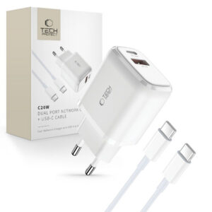 Tech-Protect Įkroviklis C20W USB-C PD 20W / USB-A QC 3.0 su USB-C / USB-C laidu - baltas