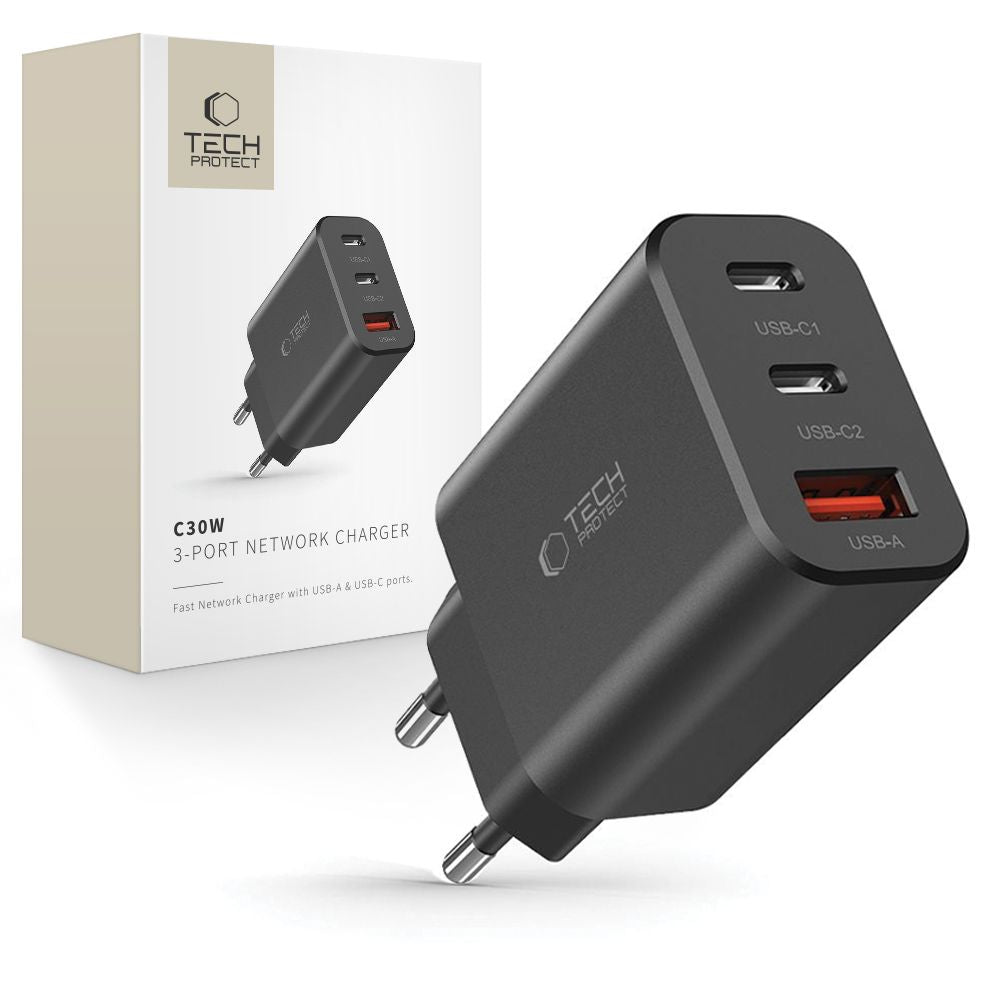 Tech-Protect NC30W įkroviklis 2x USB-C PD 30W / USB-A QC 3.0 - juodas