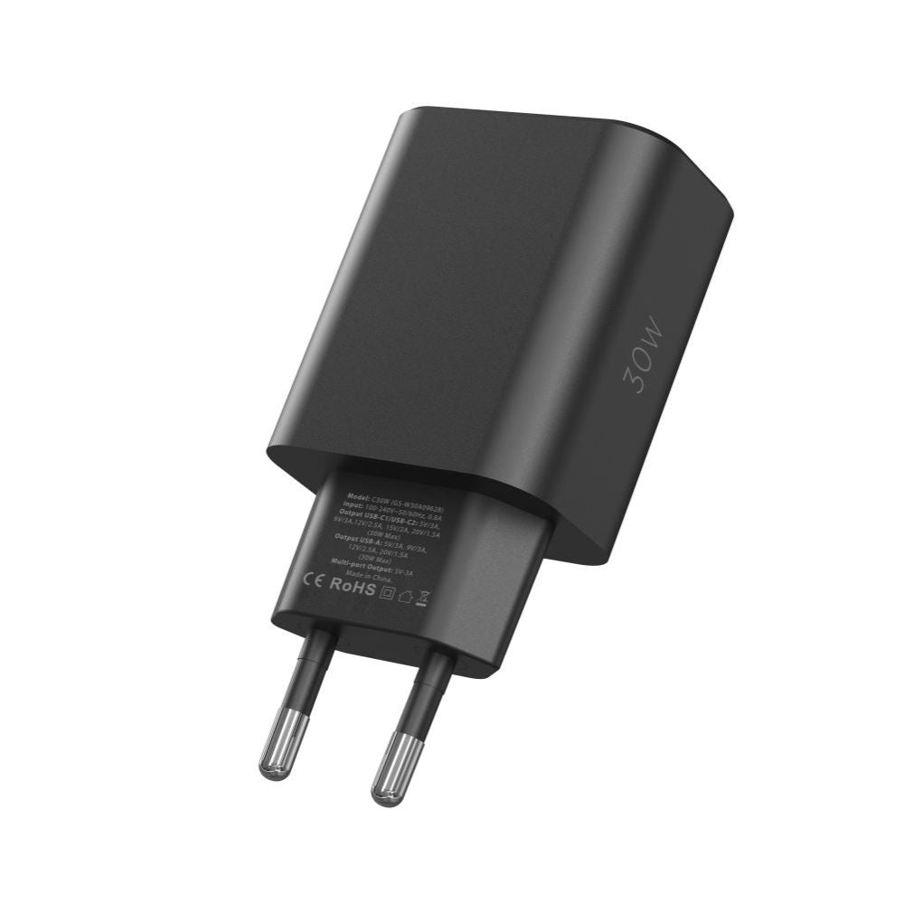 Tech-Protect NC30W įkroviklis 2x USB-C PD 30W / USB-A QC 3.0 - juodas