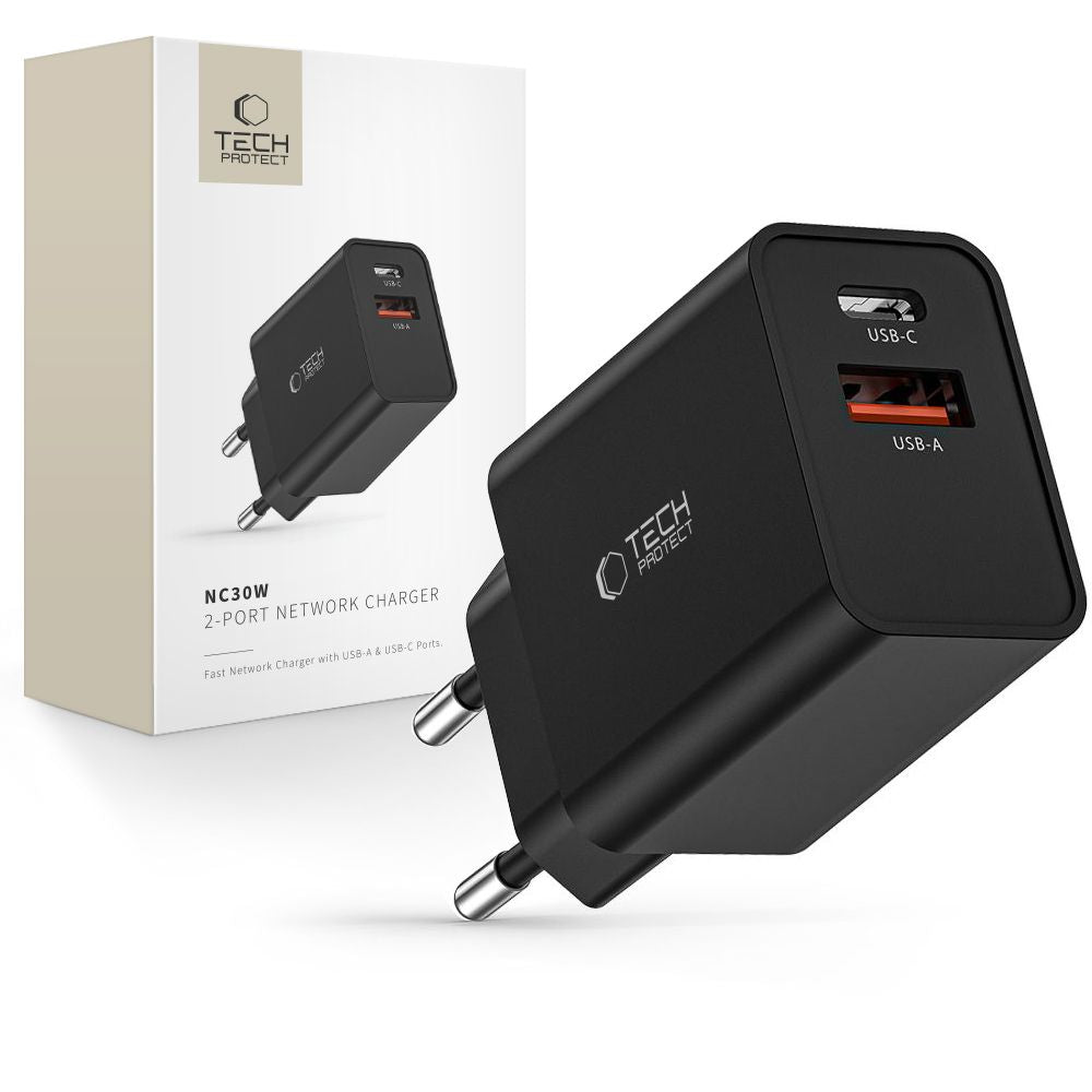 Tech-Protect NC30W įkroviklis USB-C PD 30W / USB-A QC 3.0 - juodas