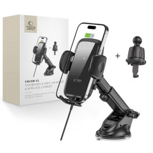 Tech-Protect CM15W-V1 automobilinis telefono laikiklis su 15W indukciniu įkrovikliu prietaisų skydui/oro angai - juodas...