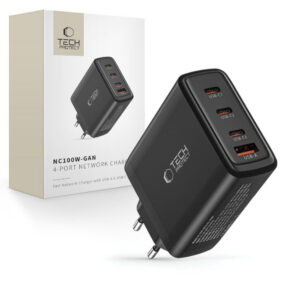 Tech-Protect NC100W-GAN tinklo įkroviklis GaN 3x USB-C PD 100W / USB-A QC 3.0 - juodas