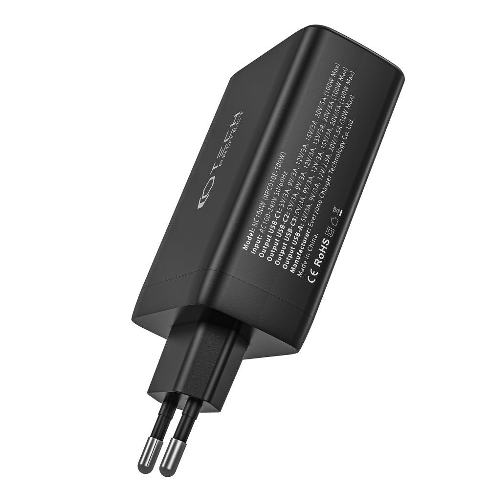 Tech-Protect NC100W-GAN tinklo įkroviklis GaN 3x USB-C PD 100W / USB-A QC 3.0 - juodas