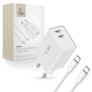 Tech-Protect C35W įkroviklis 2x USB-C PD 35W su USB-C / USB-C laidu - baltas