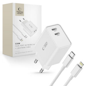 Tech-Protect C35W sieninis įkroviklis 2x USB-C PD 35W su USB-C / Lightning laidu - baltas