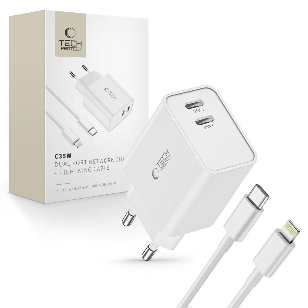 Tech-Protect C35W sieninis įkroviklis 2x USB-C PD 35W su USB-C / Lightning laidu - baltas