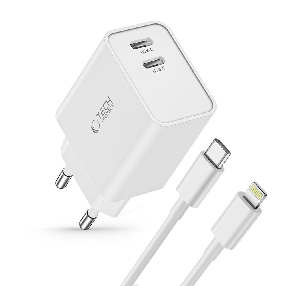 Tech-Protect C35W sieninis įkroviklis 2x USB-C PD 35W su USB-C / Lightning laidu - baltas