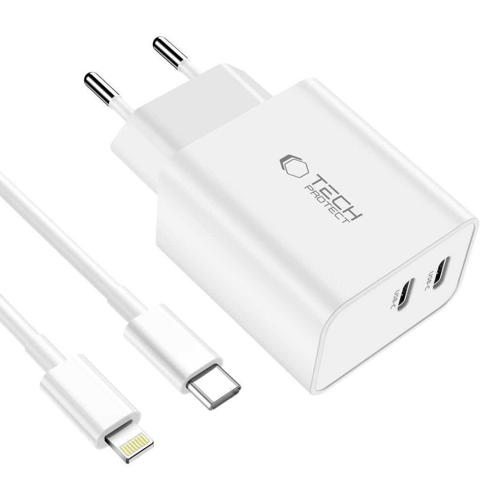 Tech-Protect C35W sieninis įkroviklis 2x USB-C PD 35W su USB-C / Lightning laidu - baltas