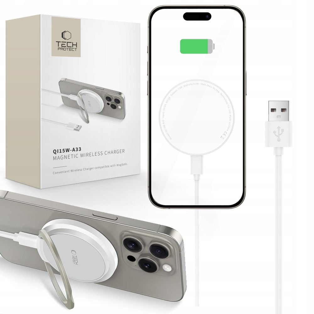 Tech-Protect QI15W-A33 indukcinis įkroviklis su MagSafe ir stovu su USB-A / USB-C laidu - baltas