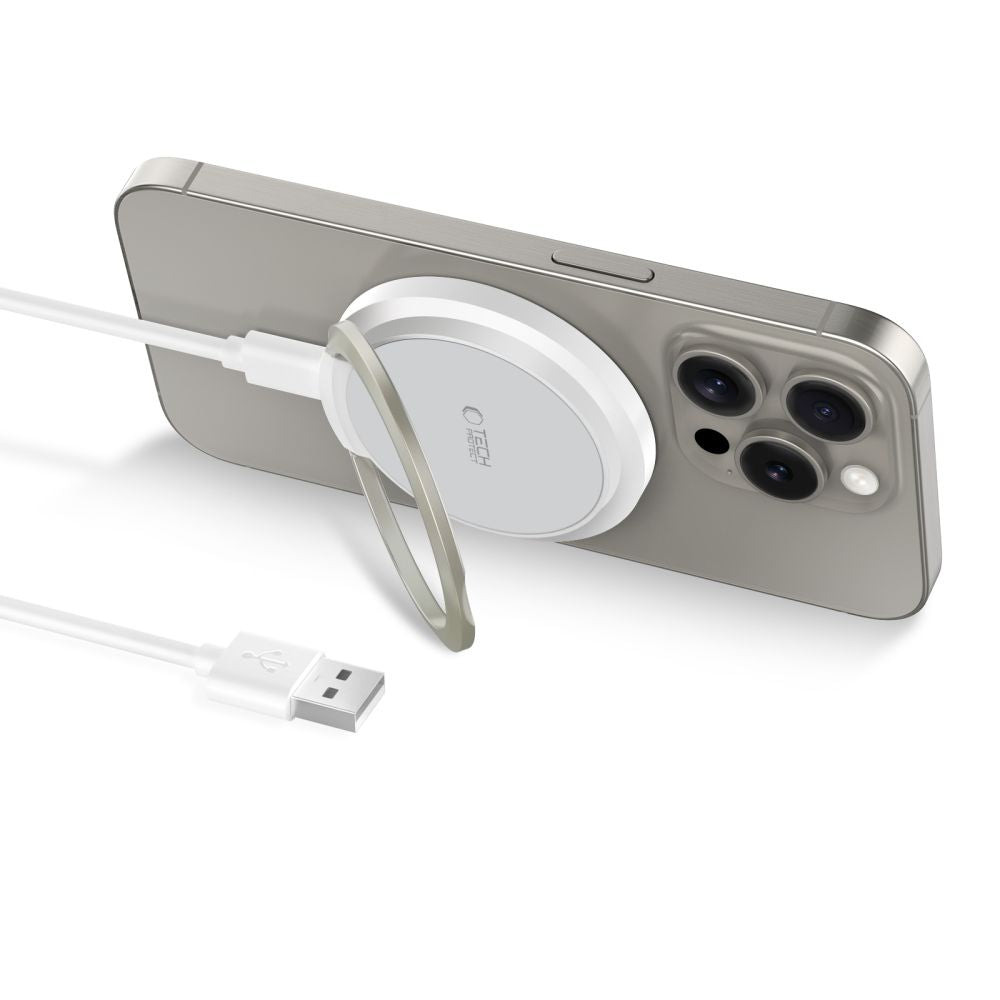 Tech-Protect QI15W-A33 indukcinis įkroviklis su MagSafe ir stovu su USB-A / USB-C laidu - baltas