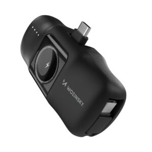 Wozinsky WF16-YCS 5000mAh 15W USB-C Mini Išorinė baterija su integruotu USB-C laidu ir Apple Watch įkrovikliu - juodas