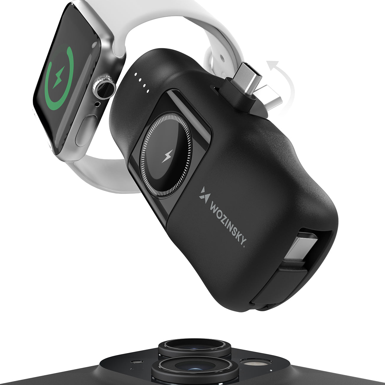 Wozinsky WF16-YCS 5000mAh 15W USB-C Mini Išorinė baterija su integruotu USB-C laidu ir Apple Watch įkrovikliu - juodas