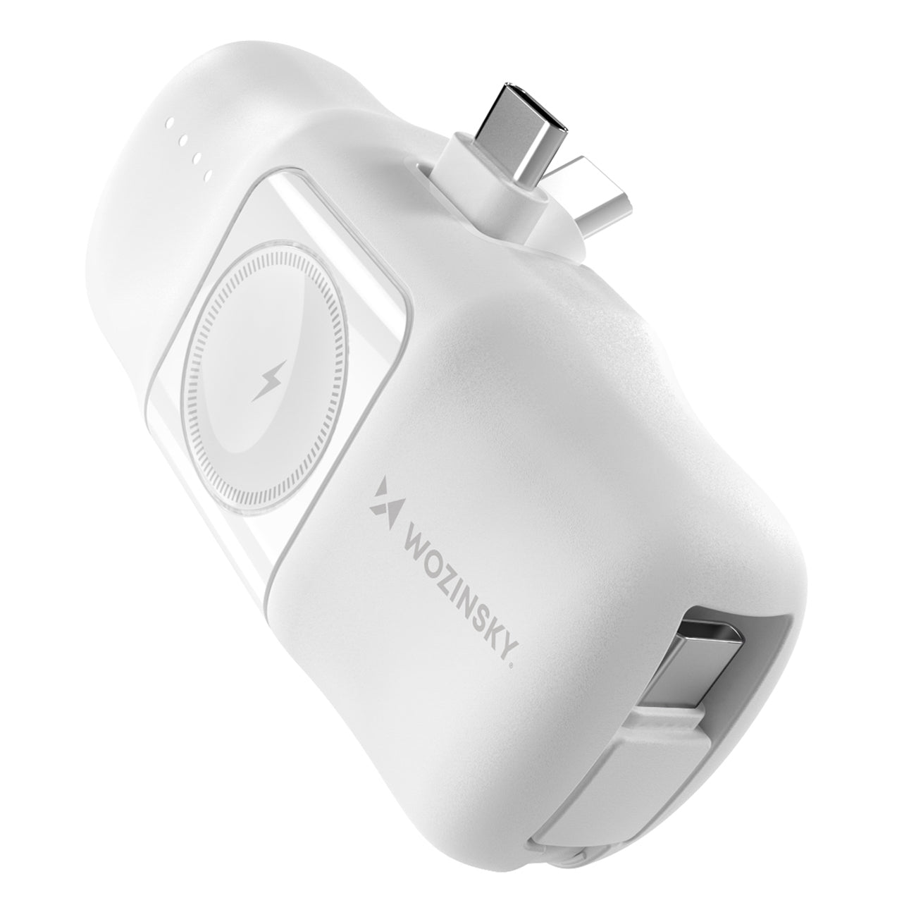 Wozinsky WF16-YCS 5000mAh 15W USB-C Mini Išorinė baterija su integruotu USB-C laidu ir Apple Watch įkrovikliu - baltas