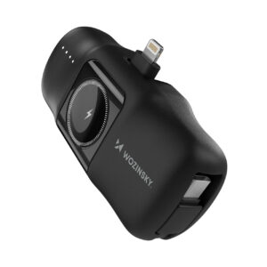 Wozinsky WF16-YLS 5000mAh 15W Lightning Mini Išorinė baterija su integruotu USB-C laidu ir Apple Watch įkrovikliu - juodas