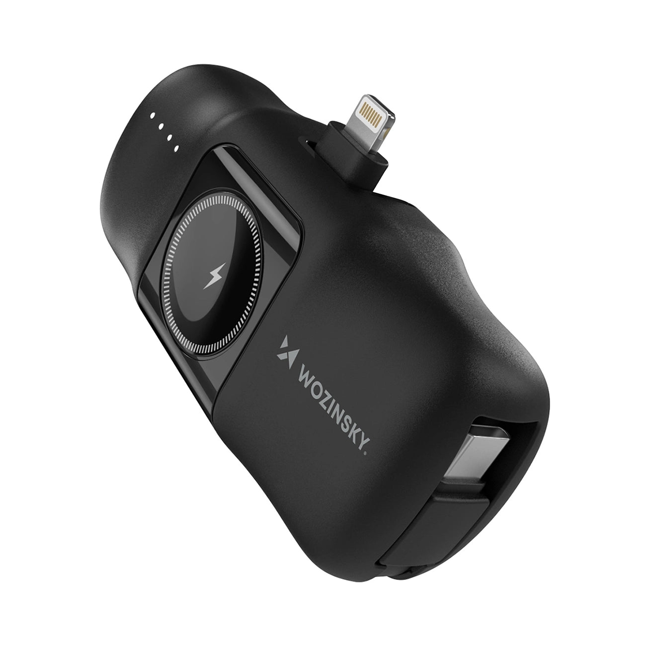 Wozinsky WF16-YLS 5000mAh 15W Lightning Mini Išorinė baterija su integruotu USB-C laidu ir Apple Watch įkrovikliu - juodas