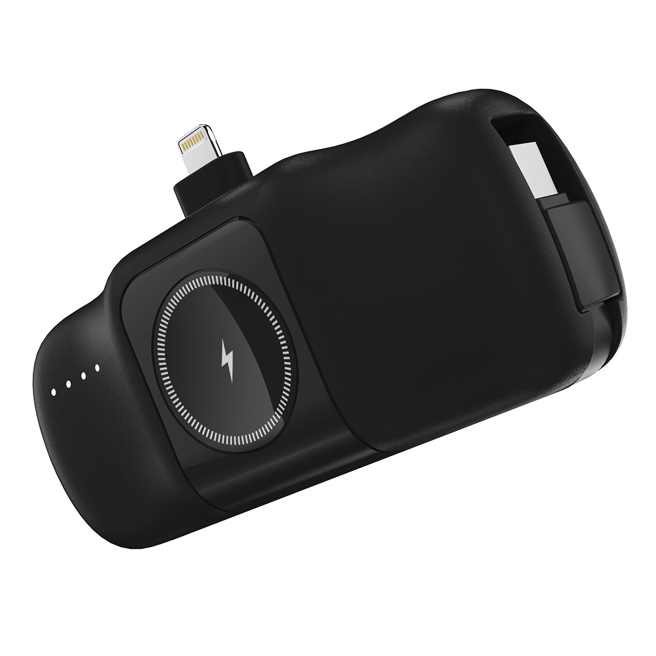 Wozinsky WF16-YLS 5000mAh 15W Lightning Mini Išorinė baterija su integruotu USB-C laidu ir Apple Watch įkrovikliu - juodas