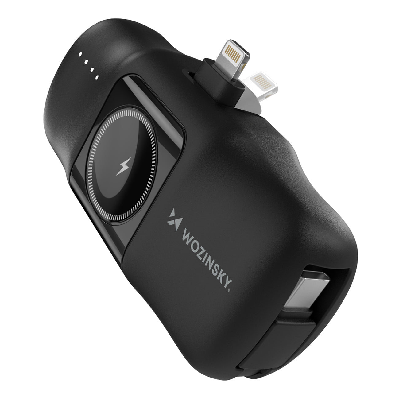Wozinsky WF16-YLS 5000mAh 15W Lightning Mini Išorinė baterija su integruotu USB-C laidu ir Apple Watch įkrovikliu - juodas