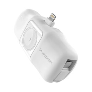 Wozinsky WF16-YLS 5000mAh 15W Lightning Mini Išorinė baterija su integruotu USB-C laidu ir Apple Watch įkrovikliu - baltas