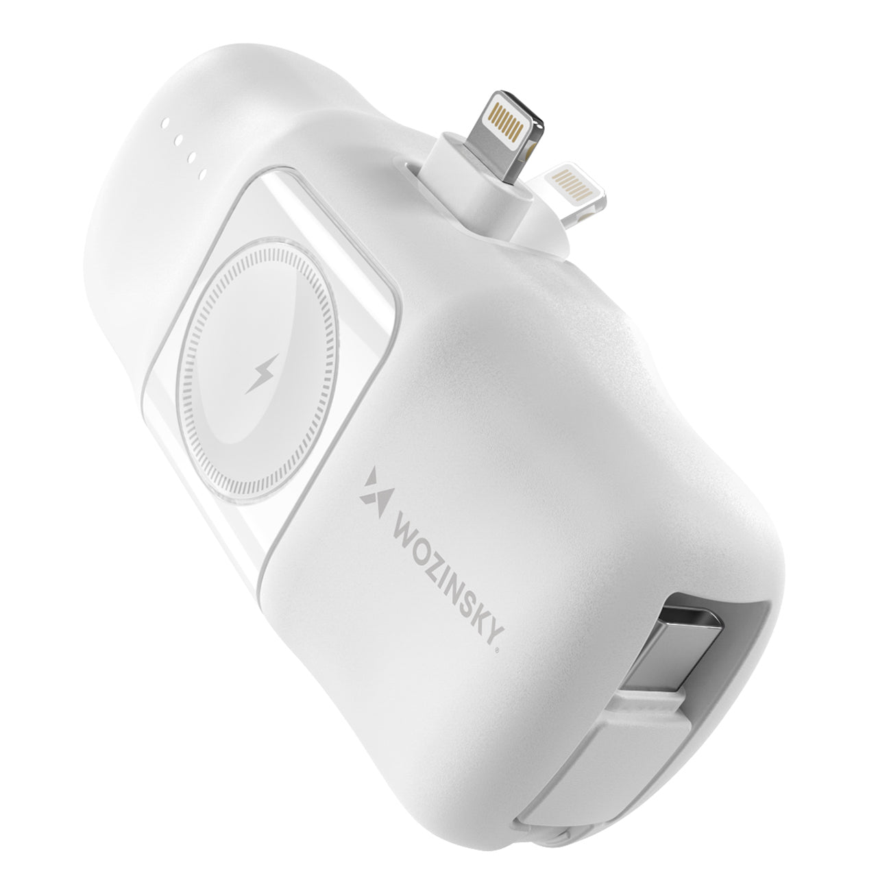 Wozinsky WF16-YLS 5000mAh 15W Lightning Mini Išorinė baterija su integruotu USB-C laidu ir Apple Watch įkrovikliu - baltas