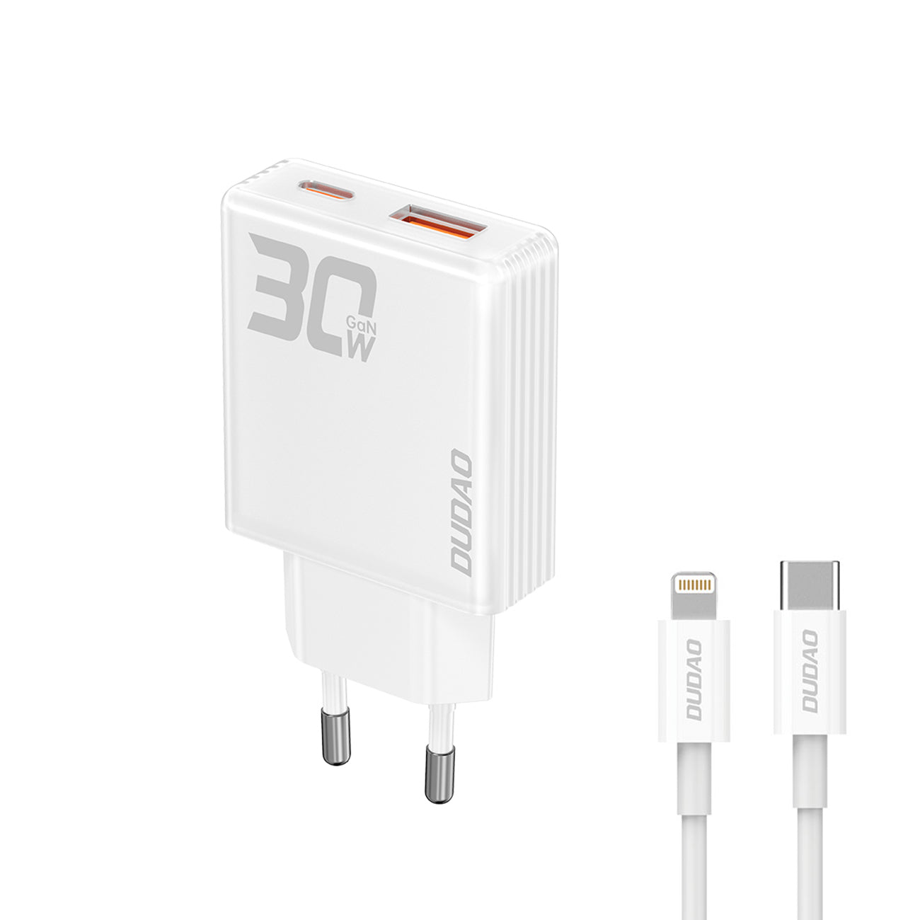 GaN Dudao A30EUL 30W USB-A / USB-C sieninis įkroviklis + USB-C - Lightning laidas - baltas