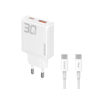 GaN Dudao A30EUT 30W USB-A / USB-C sieninis įkroviklis + USB-C - USB-C laidas - baltas