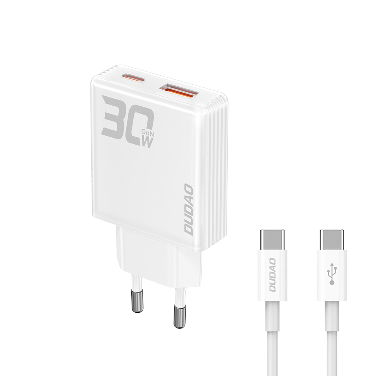 GaN Dudao A30EUT 30W USB-A / USB-C sieninis įkroviklis + USB-C - USB-C laidas - baltas