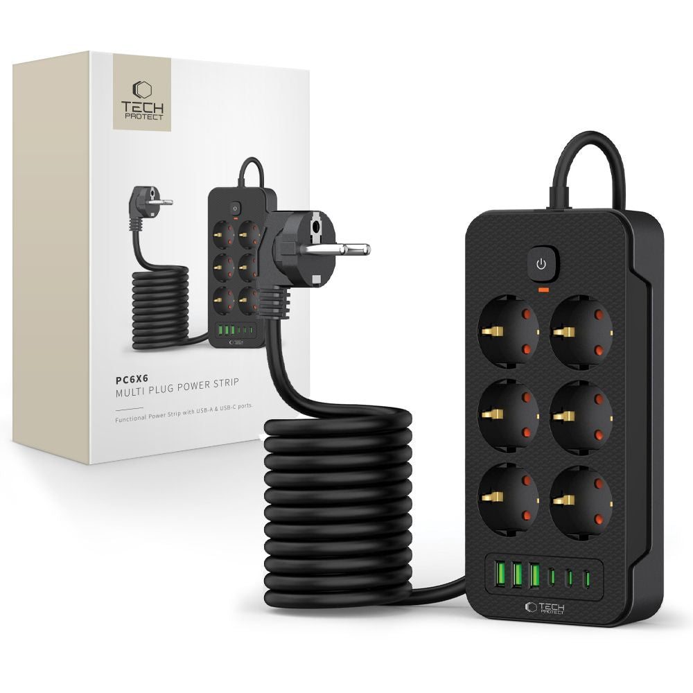 Tech-Protect PC6X6 maitinimo juosta, 6 lizdai 240V + 3xUSB-A + 3xUSB-C, 200 cm – juoda