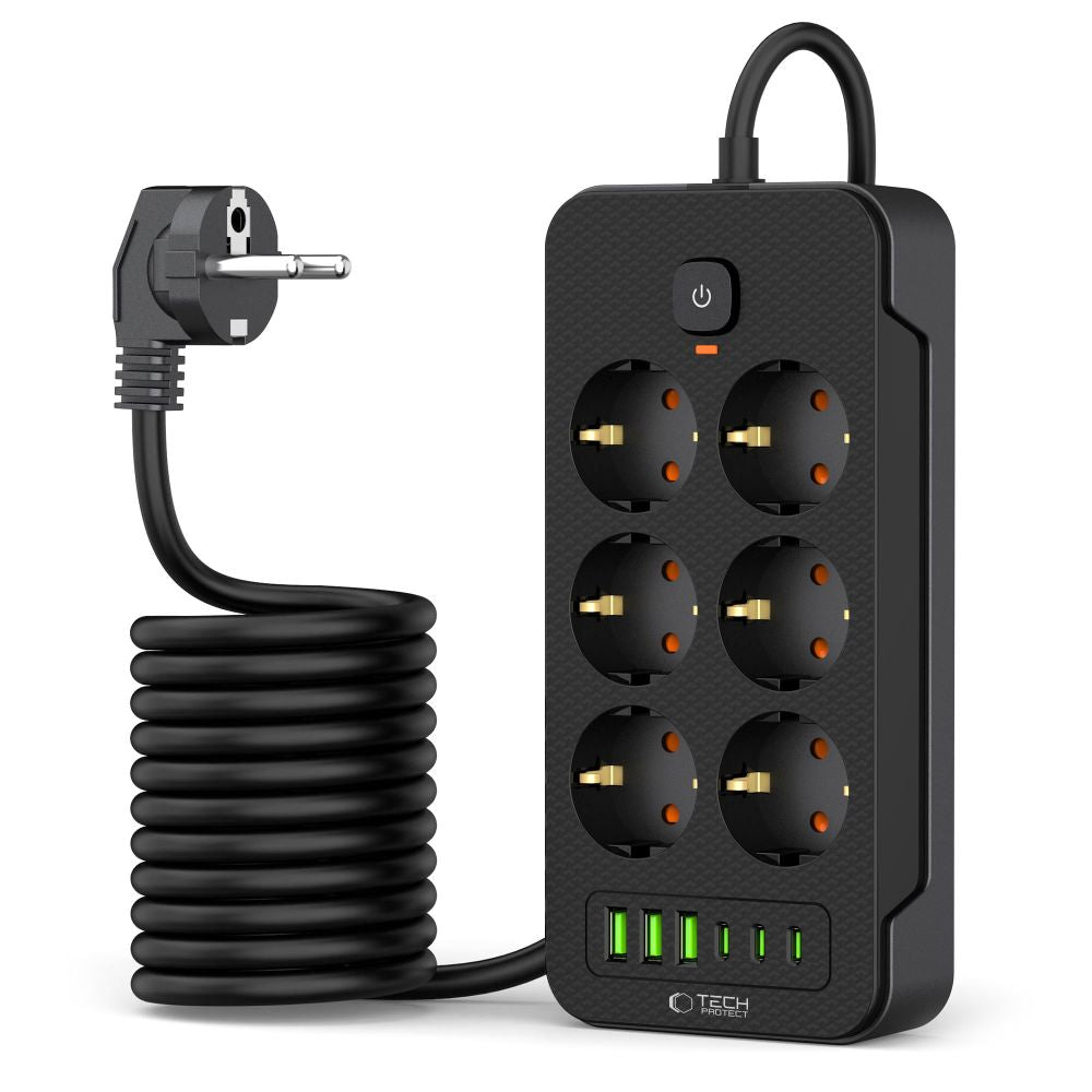 Tech-Protect PC6X6 maitinimo juosta, 6 lizdai 240V + 3xUSB-A + 3xUSB-C, 200 cm – juoda