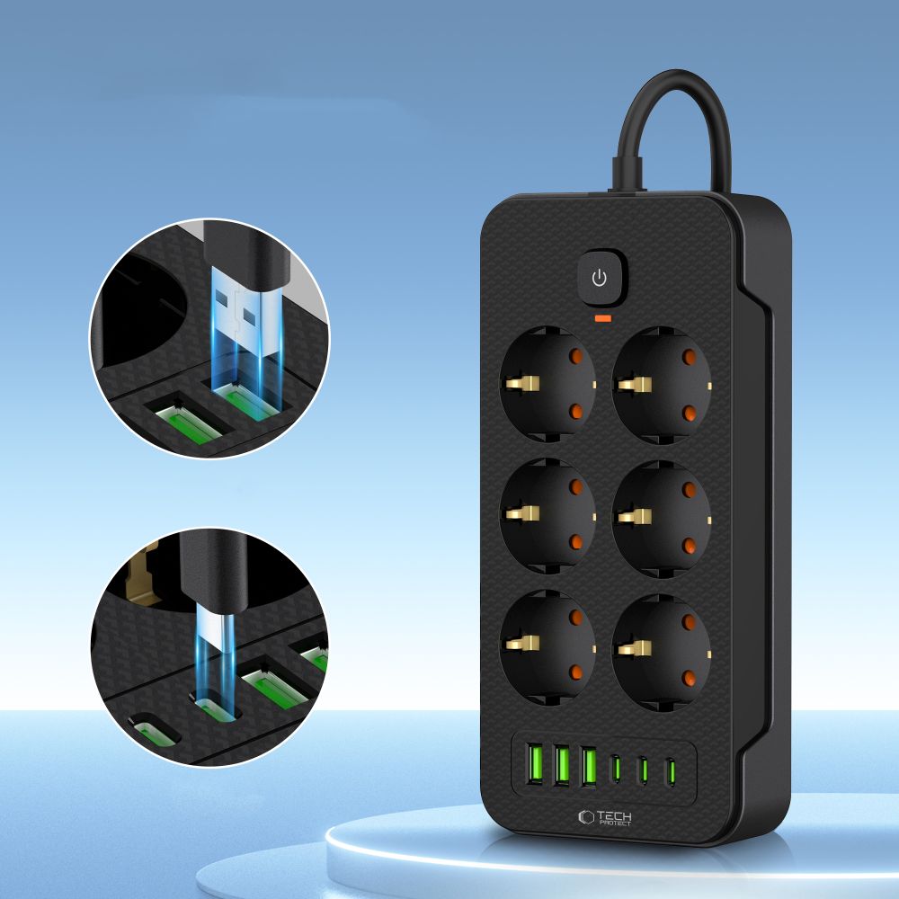 Tech-Protect PC6X6 maitinimo juosta, 6 lizdai 240V + 3xUSB-A + 3xUSB-C, 200 cm – juoda