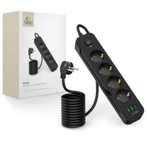 Tech-Protect PCL4X3 maitinimo juosta, 4 lizdai 240V + 2xUSB-A + 1xUSB-C, 200 cm – juoda