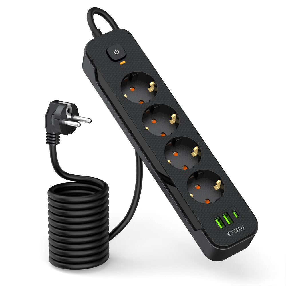 Tech-Protect PCL4X3 maitinimo juosta, 4 lizdai 240V + 2xUSB-A + 1xUSB-C, 200 cm – juoda