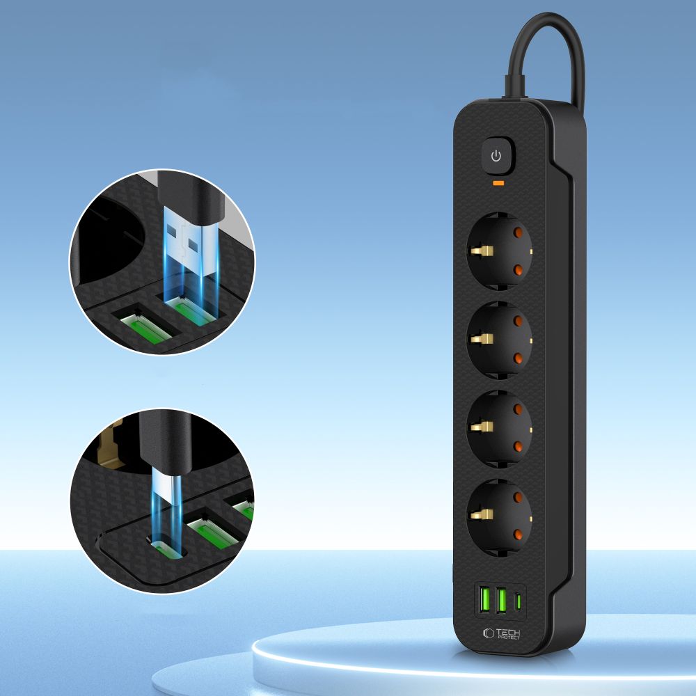 Tech-Protect PCL4X3 maitinimo juosta, 4 lizdai 240V + 2xUSB-A + 1xUSB-C, 200 cm – juoda