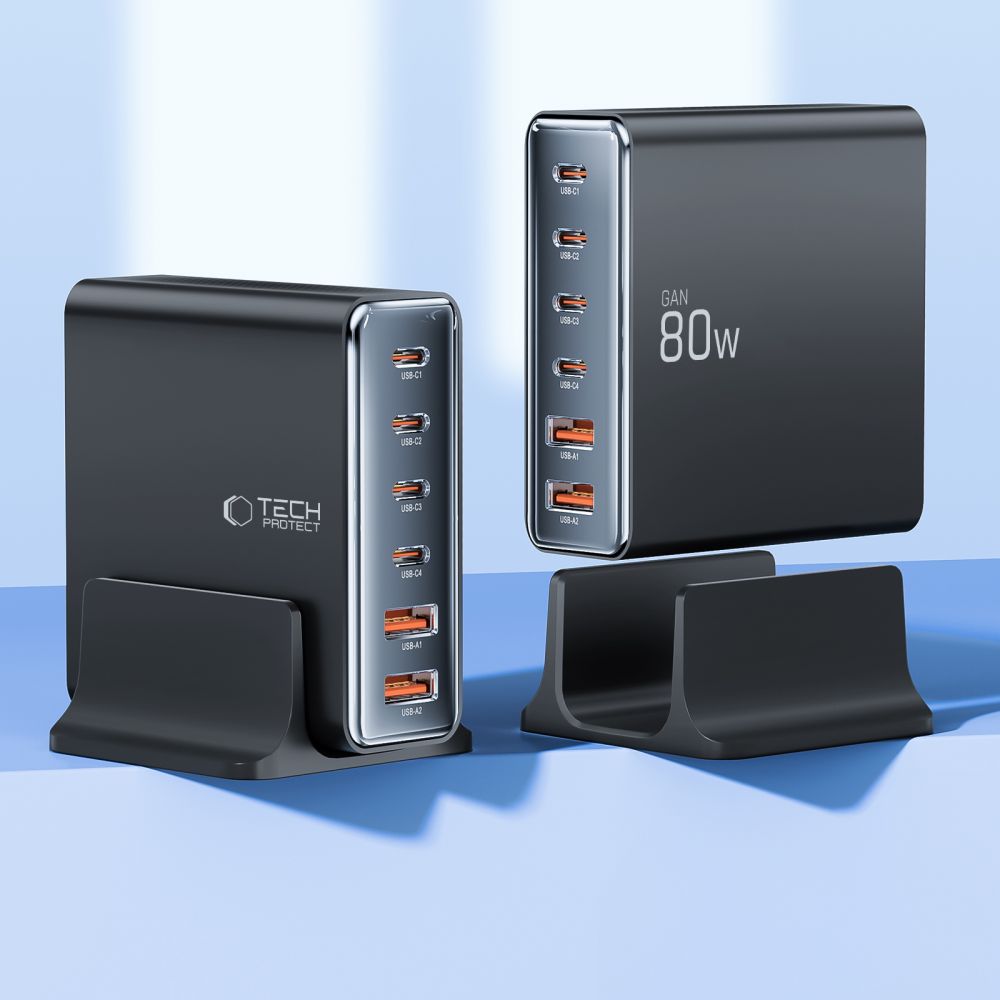 Tech-Protect DC80W-GAN 6-PORT PD80W/QC3.0 įkrovimo stotelė - juodas