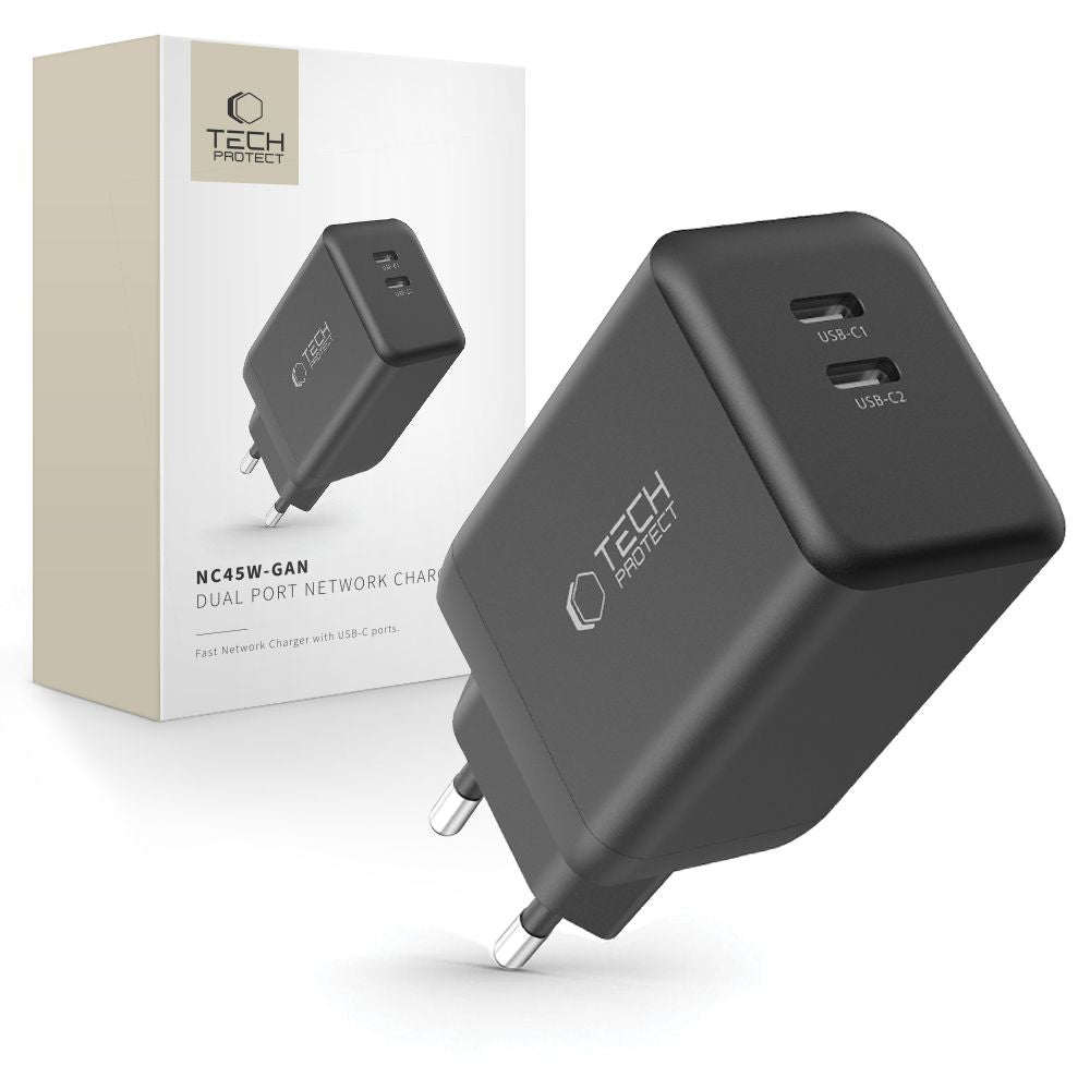 Tech-Protect NC45W-GAN 2-PORT PD45W sieninis įkroviklis - juodas