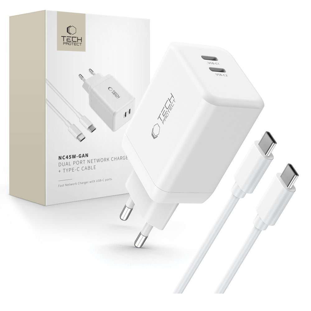 Tech-Protect NC45W-GAN 2-PORT PD45W įkroviklis + TYPE-C laidas - baltas