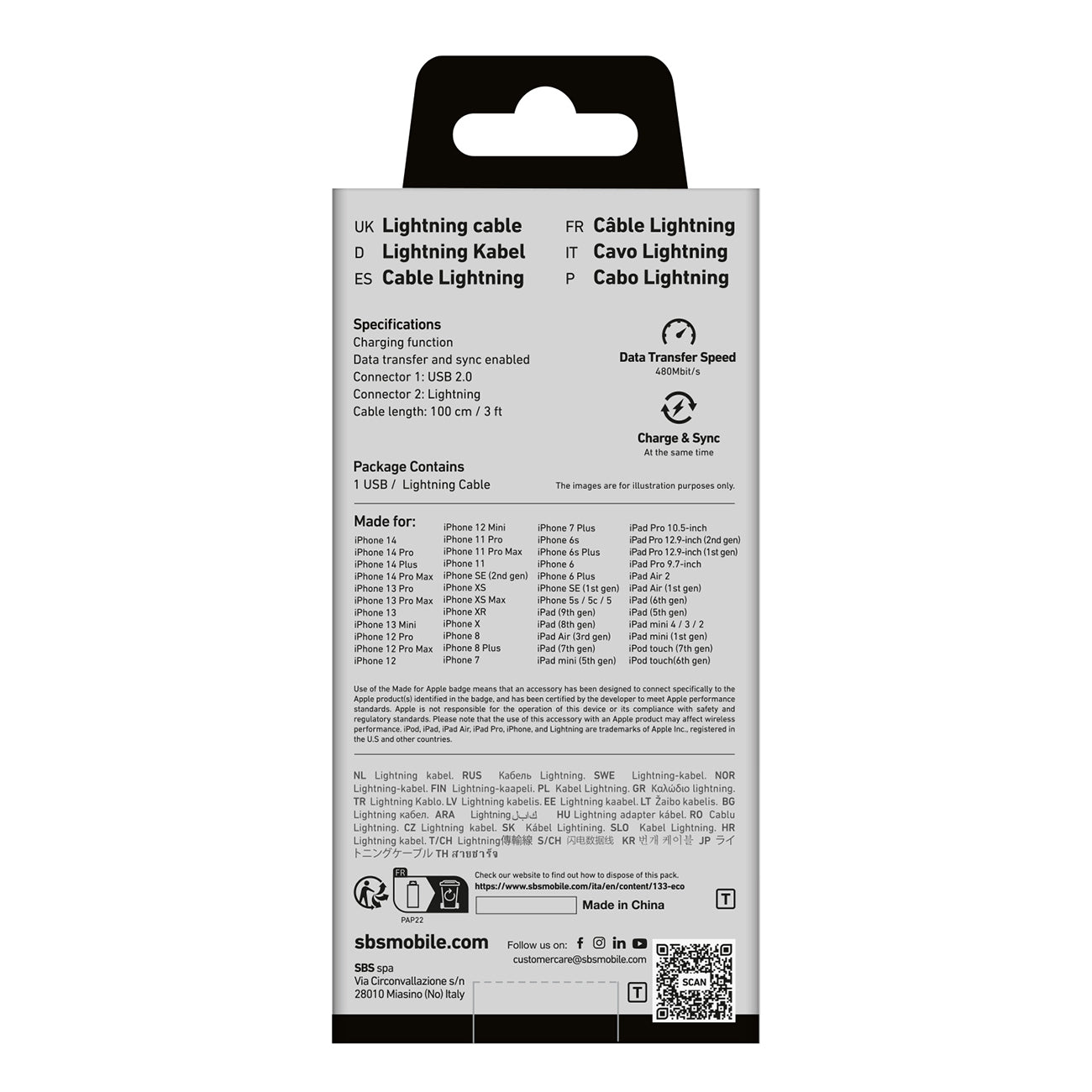SBS TECABLEUSBIP589K USB-A - Lightning laidas 1m MFi sertifikuotas - juodas