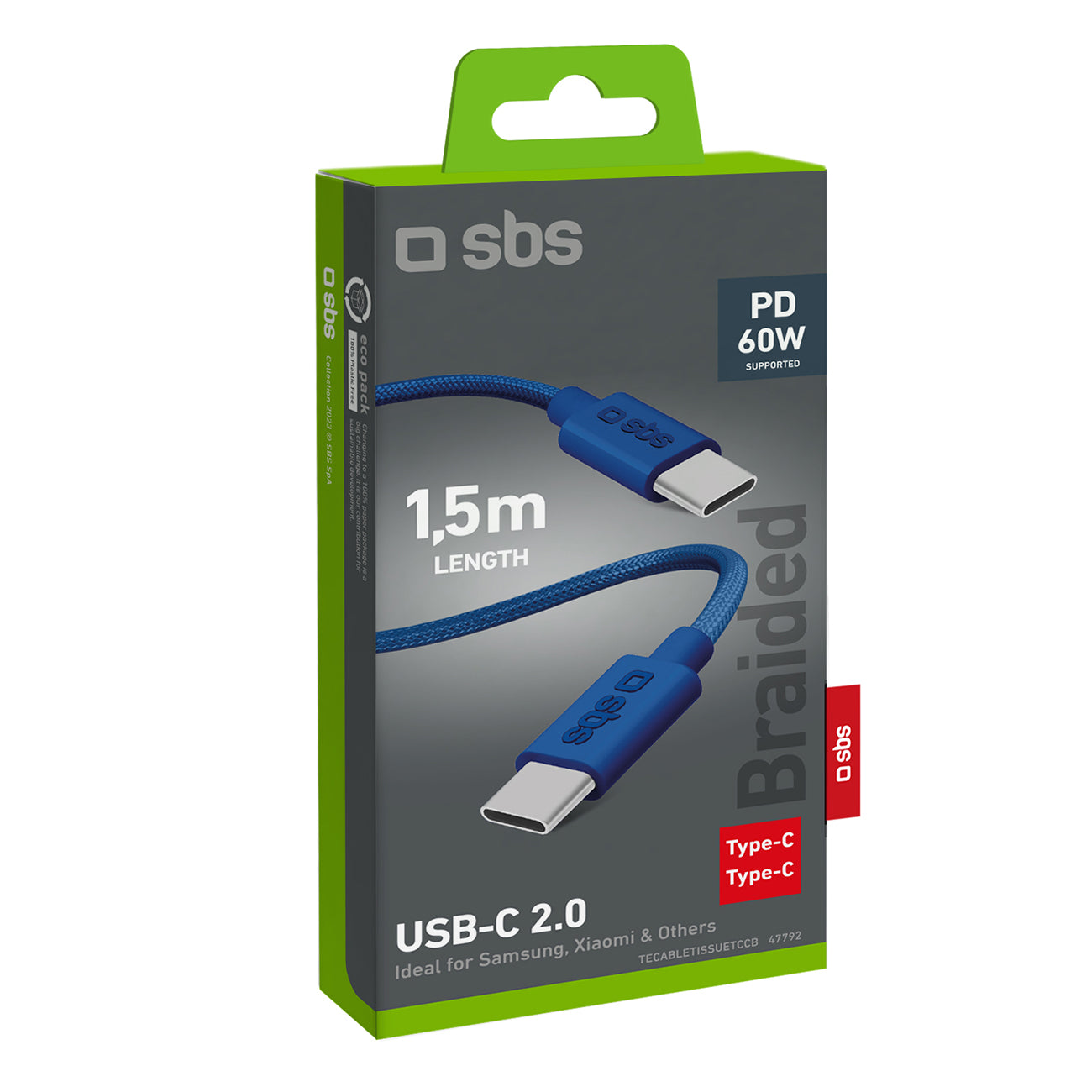 SBS TECABLETISSUETCCB USB-C - USB-C 1.5m 60W pintas laidas - mėlynas