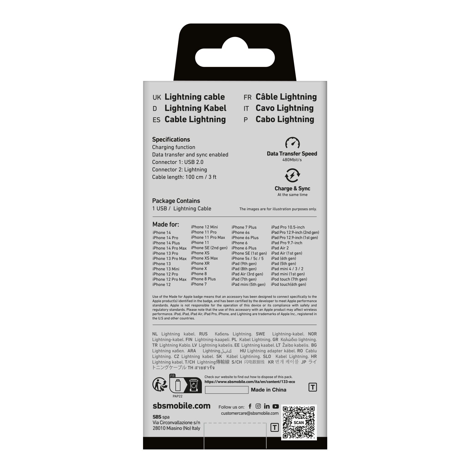 SBS TECABLEUSBIP589A USB-A - Lightning laidas - mėlynas