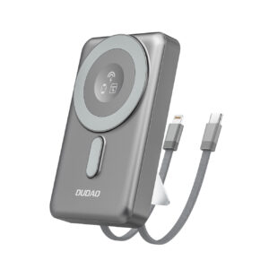 Dudao išorinė baterija K29 10000mAh PD 20W MagSafe su metaliniu korpusu, stovu ir integruotais USB-C/Lightning laidais - pilkas