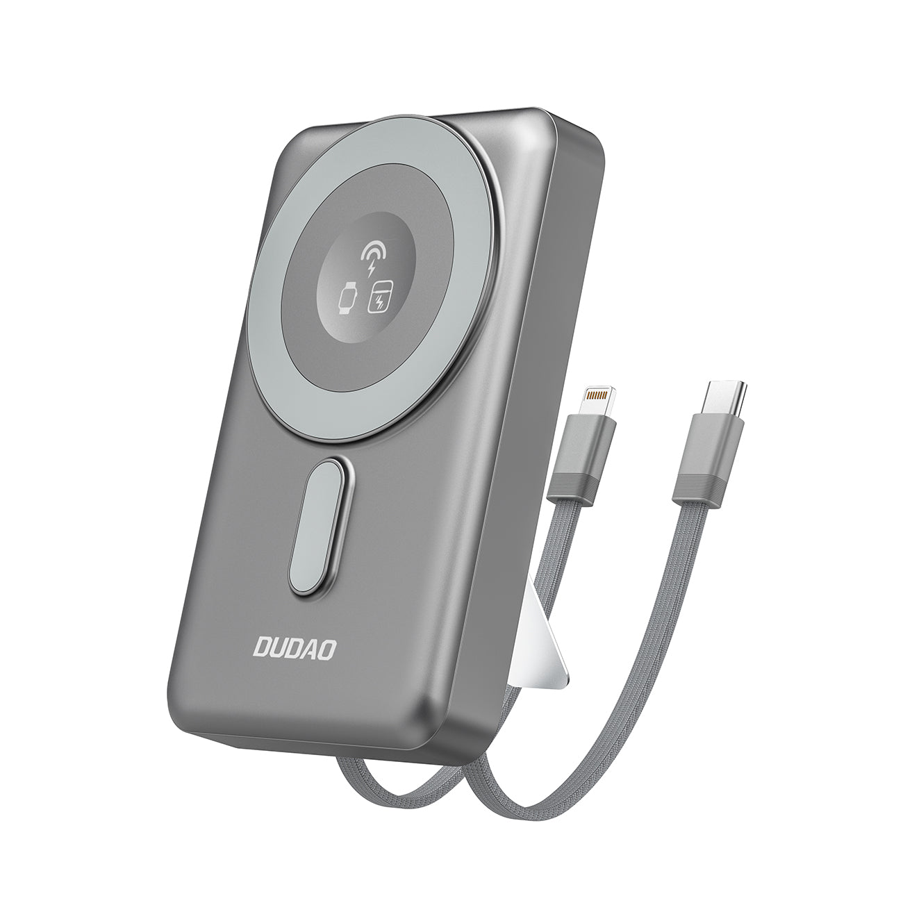 Dudao išorinė baterija K29 10000mAh PD 20W MagSafe su metaliniu korpusu, stovu ir integruotais USB-C/Lightning laidais - pilkas