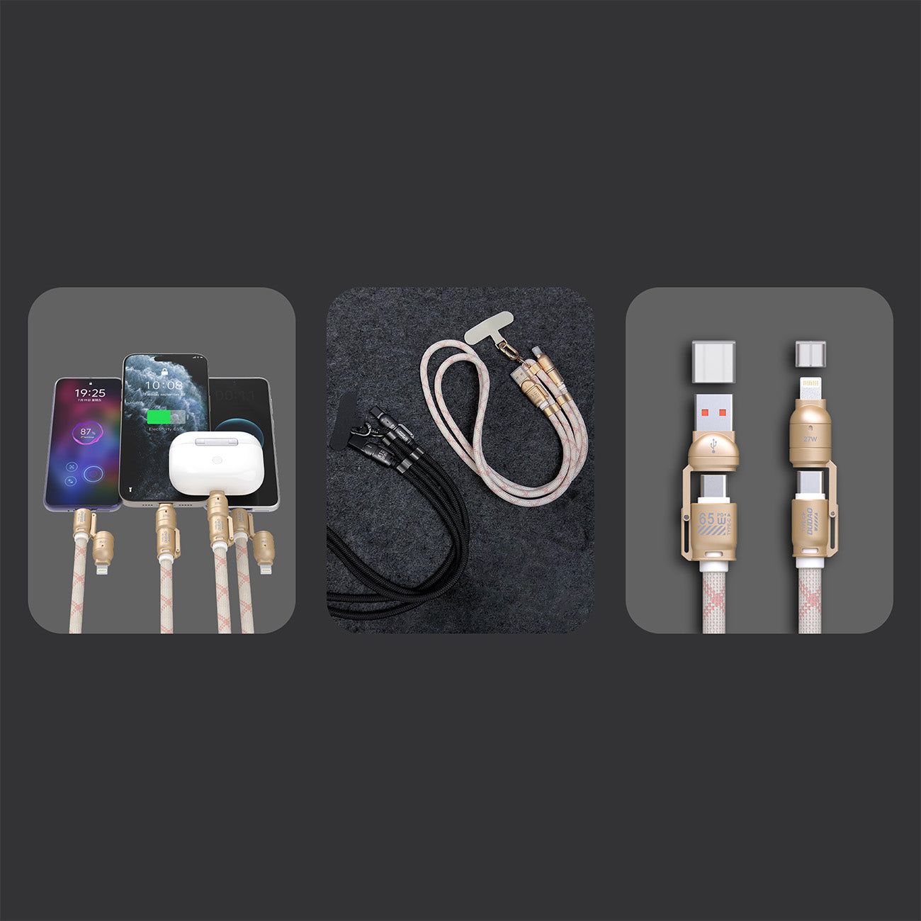 Dudao L20MAX 4in1 Laidas / Dirželis USB-A / USB-C / Lightning PD QC 65W 1.5m rožinis
