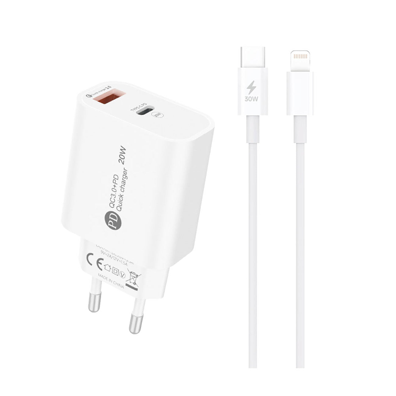 A6MaxL sieninis įkroviklis 20W USB-A USB-C su 1m USB-C - Lightning laidu - baltas