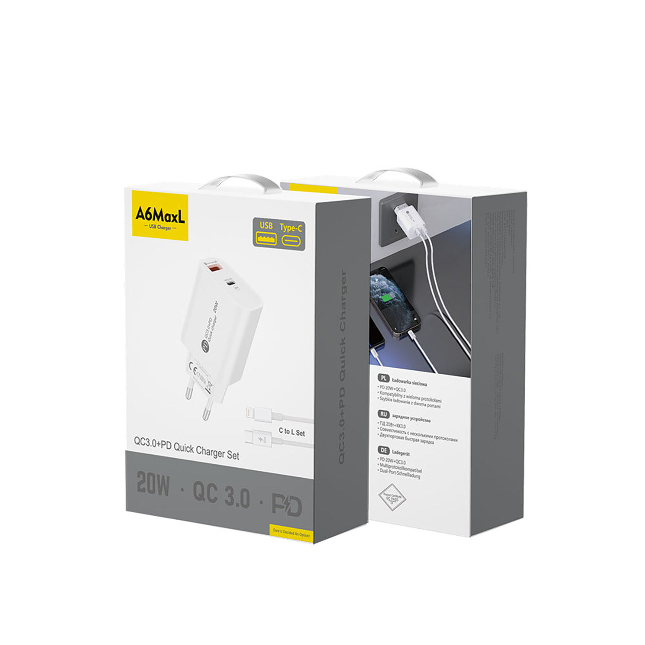 A6MaxL sieninis įkroviklis 20W USB-A USB-C su 1m USB-C - Lightning laidu - baltas