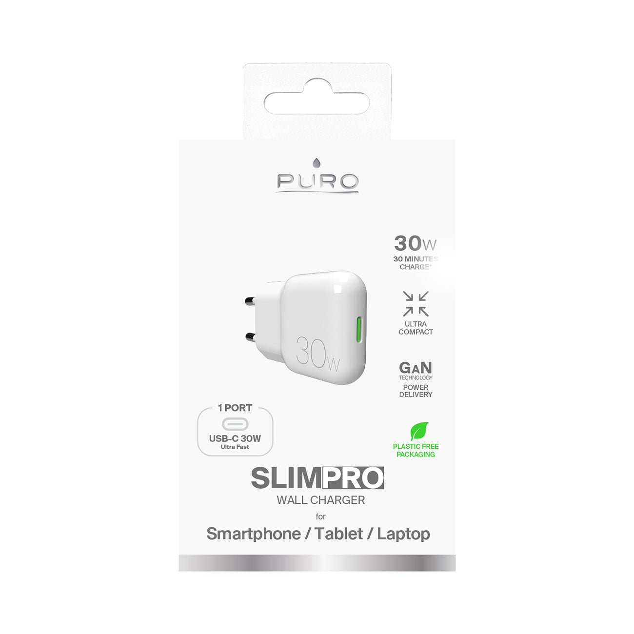 GaN Puro SLIMPRO 30W USB-C sieninis įkroviklis - baltas