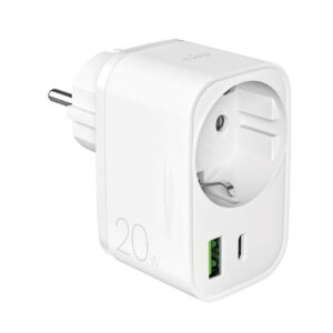 Puro 20W Power Delivery įkroviklis su Schuko kištuku ir lizdu 1x USB-C + 1x USB-A - baltas