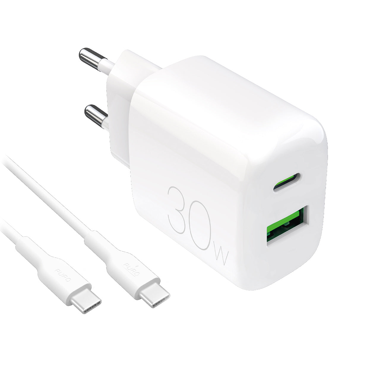 Puro PROLITE 30W USB-A / USB-C sieninis įkroviklis + USB-C - USB-C laidas 1.2m - baltas
